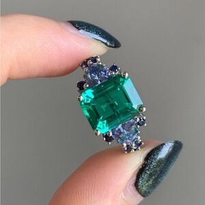 Green CZ Solitaire with Gemstones S925 Sterling Silver Ring. New.